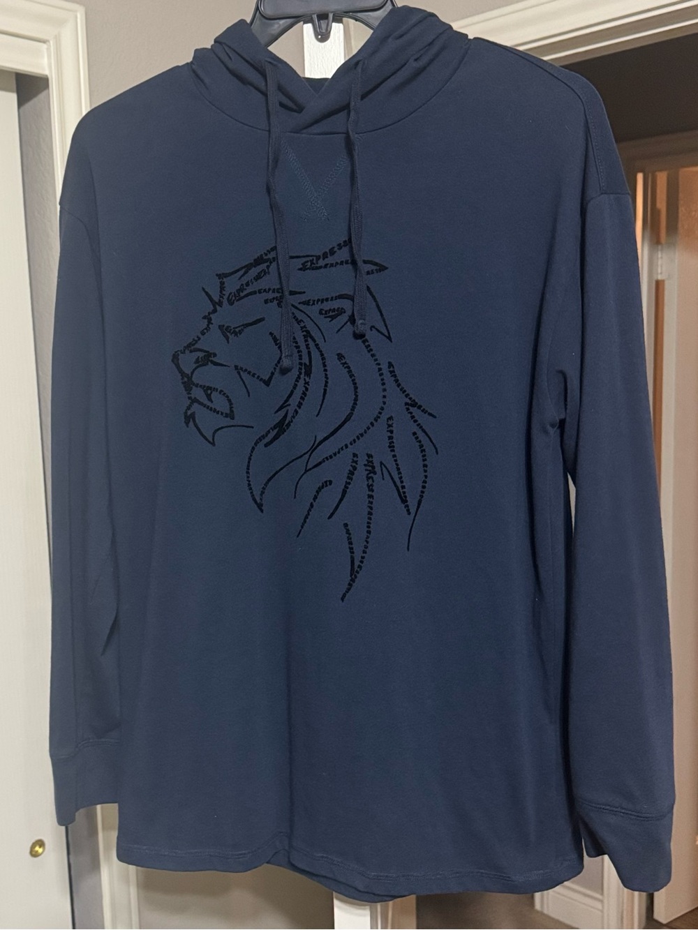 Express Navy Hooded Long-Sleeve Shirt with Lion Graphic